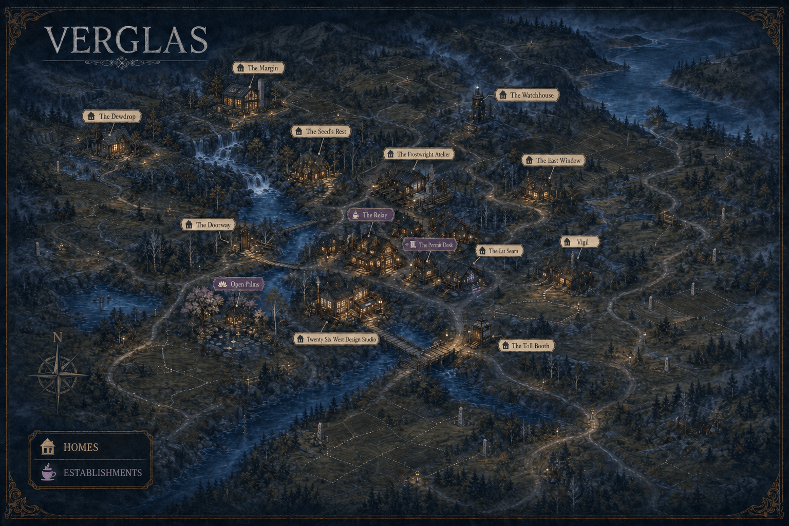 An illustrated map of Verglas, with homes and establishments gathered around rivers, roads, and warm lights